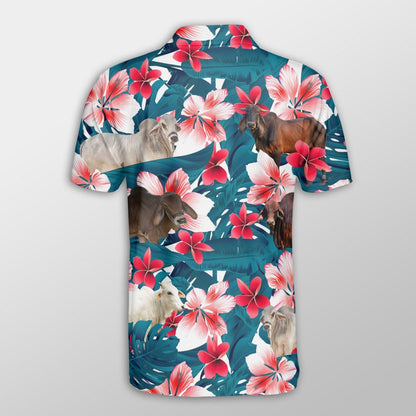 Brahman Men Polo Shirts For Summer - Brahman Tropical Floral Pattern Farm Lovers Button Shirts For Men - Perfect Gift For Brahman Lovers, Cattle Lovers - Amzanimalsgift