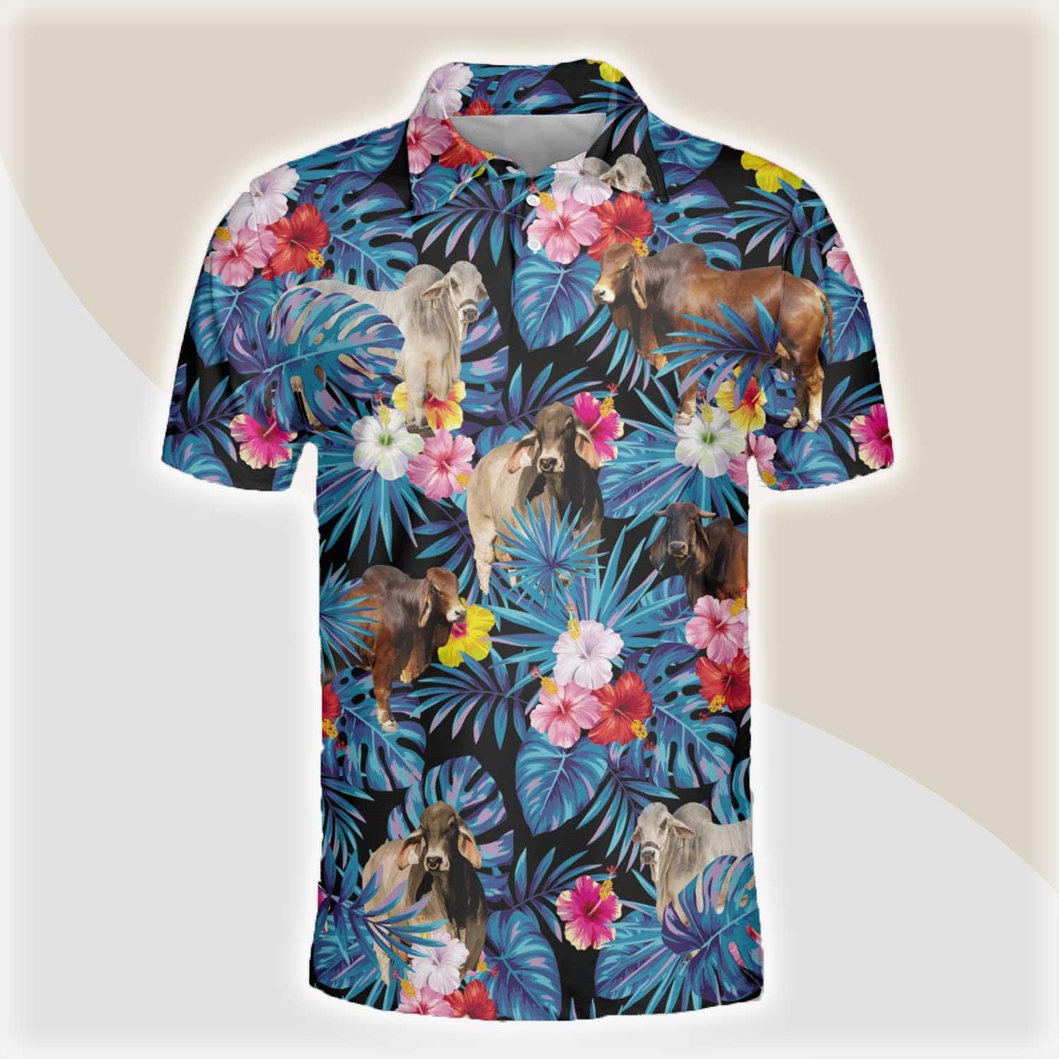 Brahman Men Polo Shirts For Summer - Brahman Tropical Flowers Leaves Pattern Button Shirts For Men - Perfect Gift For Brahman Lovers, Cattle Lovers - Amzanimalsgift