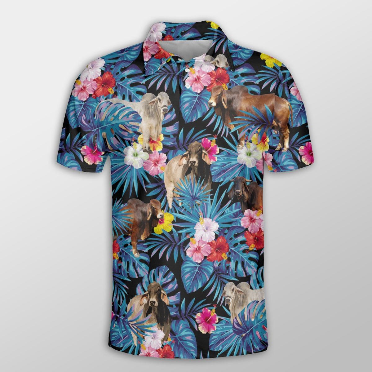 Brahman Men Polo Shirts For Summer - Brahman Tropical Flowers Leaves Pattern Button Shirts For Men - Perfect Gift For Brahman Lovers, Cattle Lovers - Amzanimalsgift