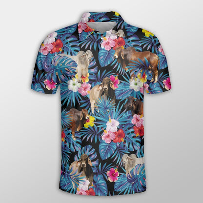Brahman Men Polo Shirts For Summer - Brahman Tropical Flowers Leaves Pattern Button Shirts For Men - Perfect Gift For Brahman Lovers, Cattle Lovers - Amzanimalsgift