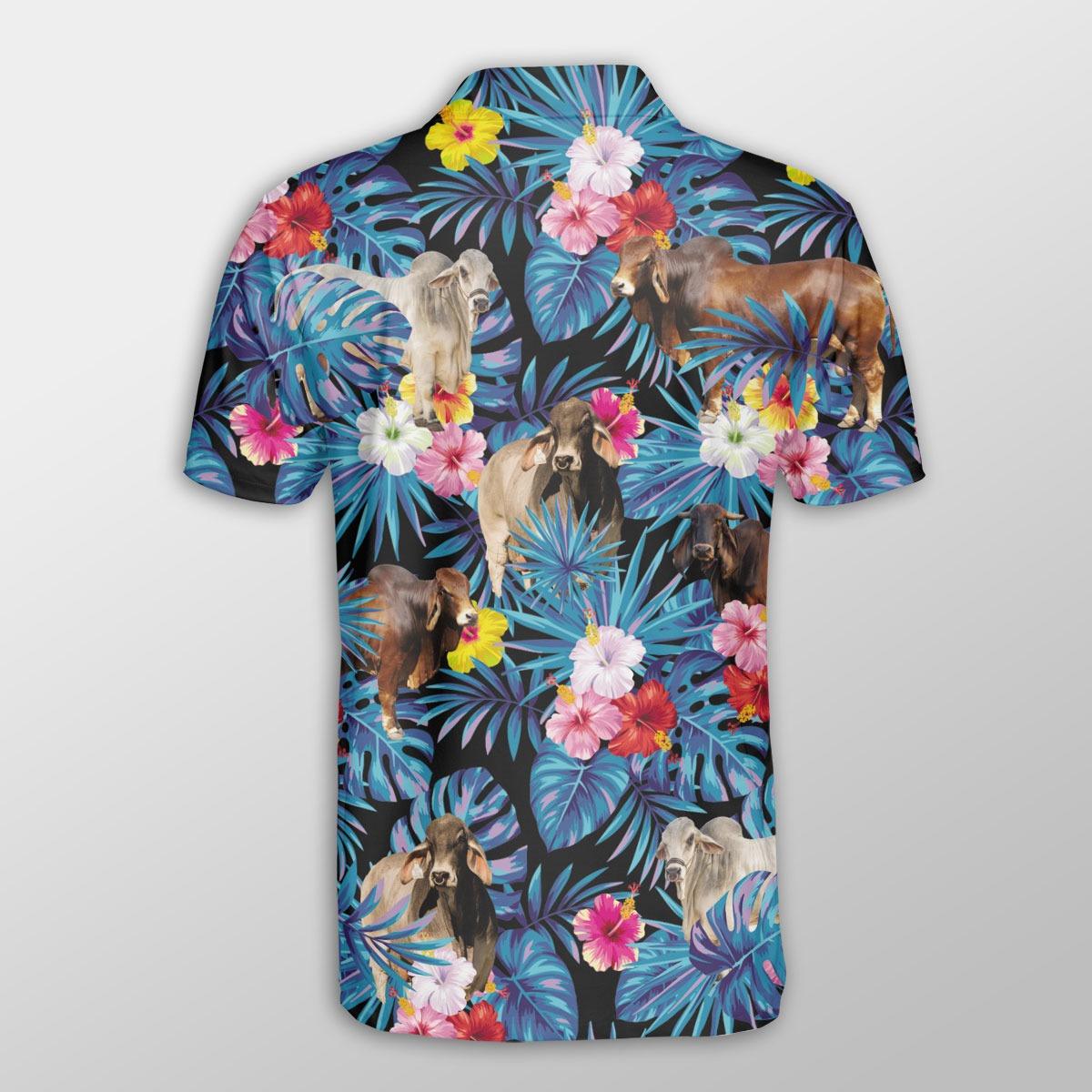 Brahman Men Polo Shirts For Summer - Brahman Tropical Flowers Leaves Pattern Button Shirts For Men - Perfect Gift For Brahman Lovers, Cattle Lovers - Amzanimalsgift