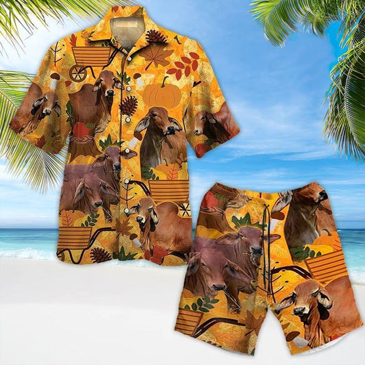 Brown Cow Aloha Hawaiian Shirt - Autumn Pumpkin Hawaiian Shirt, Autumn Leaves Hawaiian Shirt For Men & Women, Cow Lover - Amzanimalsgift