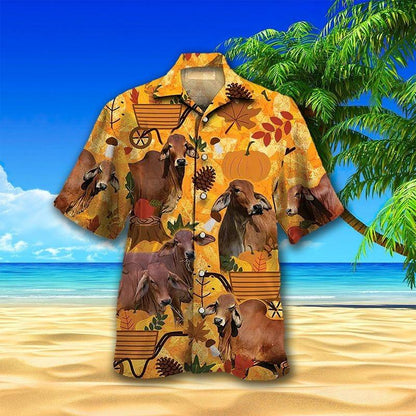 Brown Cow Aloha Hawaiian Shirt - Autumn Pumpkin Hawaiian Shirt, Autumn Leaves Hawaiian Shirt For Men & Women, Cow Lover - Amzanimalsgift