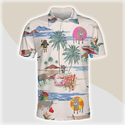 Brown Swiss Men Polo Shirts For Summer - Brown Swiss Summer Beach Pattern Button Shirts For Men - Perfect Gift For Charolais Lovers, Cattle Lovers - Amzanimalsgift
