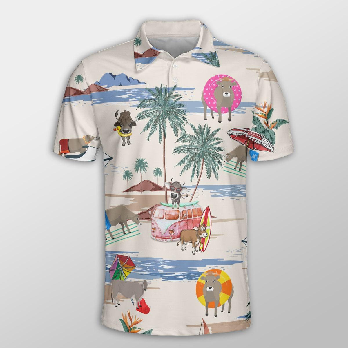 Brown Swiss Men Polo Shirts For Summer - Brown Swiss Summer Beach Pattern Button Shirts For Men - Perfect Gift For Charolais Lovers, Cattle Lovers - Amzanimalsgift