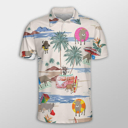Brown Swiss Men Polo Shirts For Summer - Brown Swiss Summer Beach Pattern Button Shirts For Men - Perfect Gift For Charolais Lovers, Cattle Lovers - Amzanimalsgift