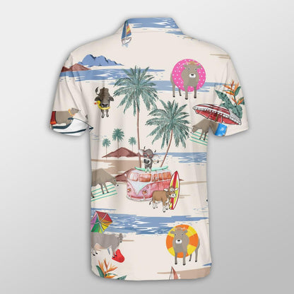 Brown Swiss Men Polo Shirts For Summer - Brown Swiss Summer Beach Pattern Button Shirts For Men - Perfect Gift For Charolais Lovers, Cattle Lovers - Amzanimalsgift