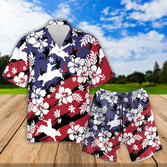 Bull Riding Aloha Hawaiian Shirts For Summer, Sports Beach Tropical American Flag Hawaiian Shirt For Men Women, Beach Wear Gift For Rodeo Lovers - Amzanimalsgift