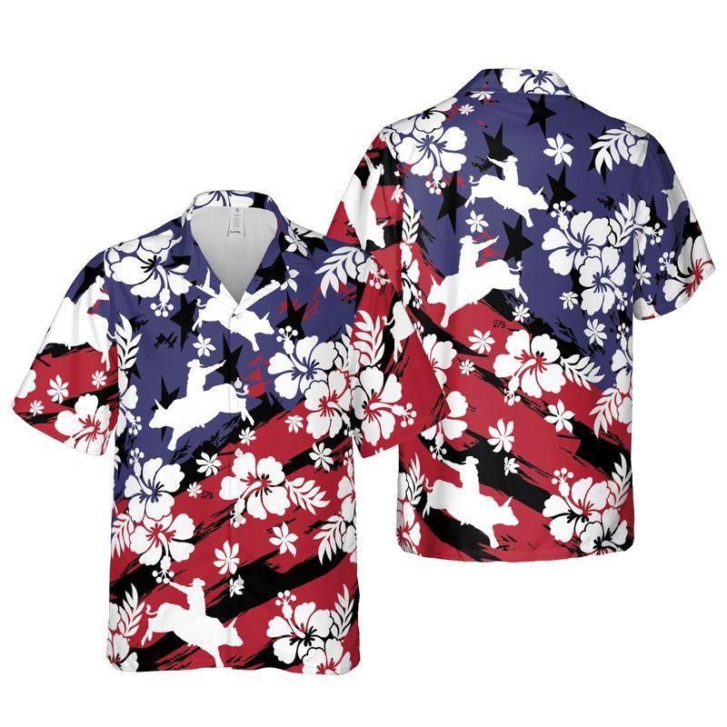 Bull Riding Aloha Hawaiian Shirts For Summer, Sports Beach Tropical American Flag Hawaiian Shirt For Men Women, Beach Wear Gift For Rodeo Lovers - Amzanimalsgift