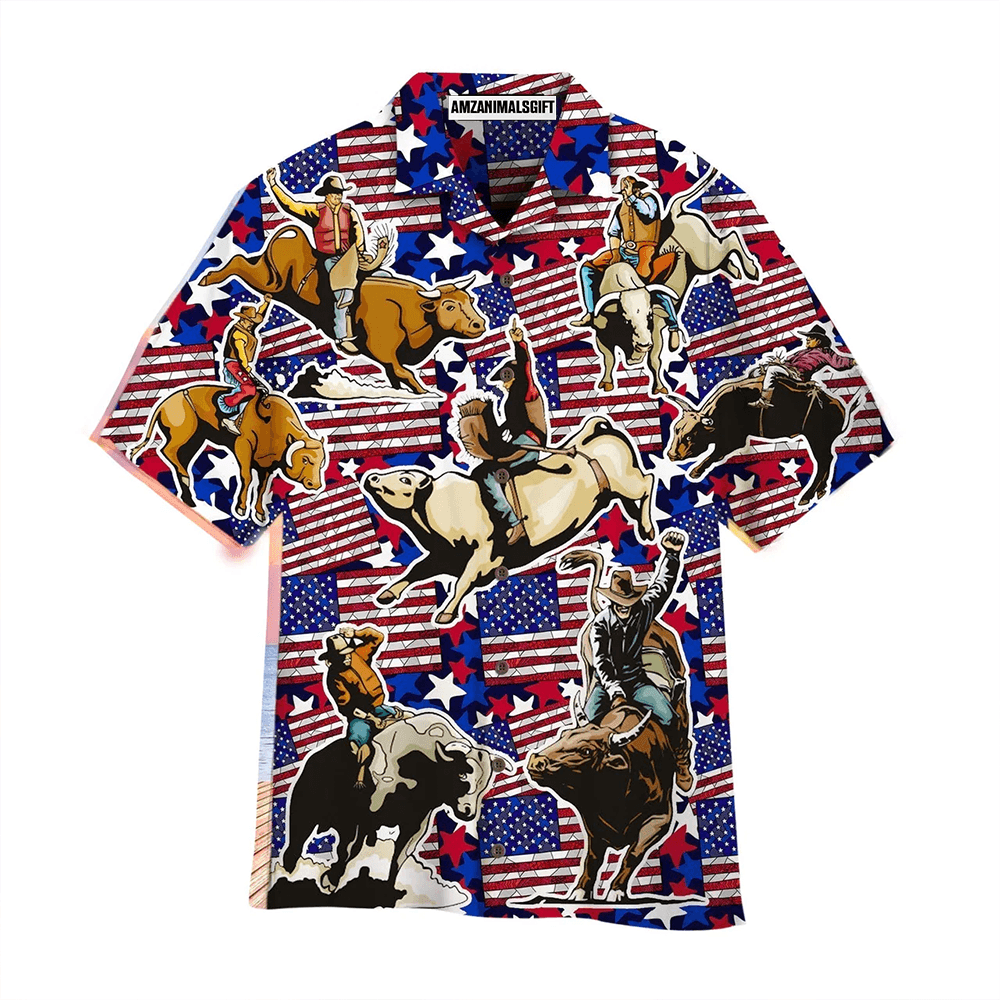 Bull Riding American Flag Aloha Hawaiian Shirts For Men Women, 4th July Gift For Summer, Friend, Family, Independence Day, Bull Riding Lovers - Amzanimalsgift