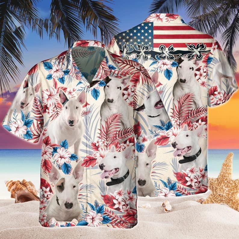 Bull Terrier Aloha Hawaiian Shirts For Summer, Dog Tropical Independence Day USA Flag Hawaiian Shirt For Men Women, 4th of July Gift For Dog Lovers - Amzanimalsgift