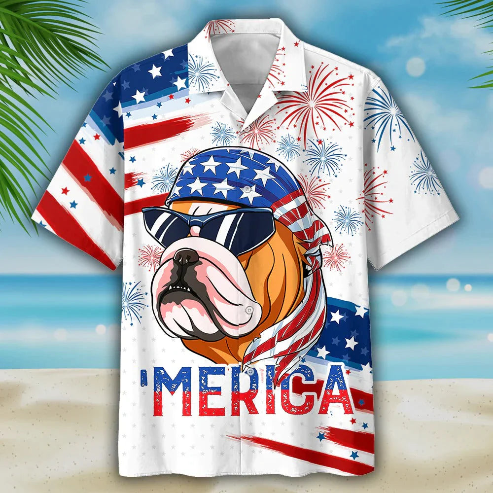 Bulldog Aloha Hawaiian Shirts For Summer, Funny Dog Merica Independence Day USA Flag Hawaiian Shirt For Men Women, 4th of July Gift For Dog Lovers - Amzanimalsgift