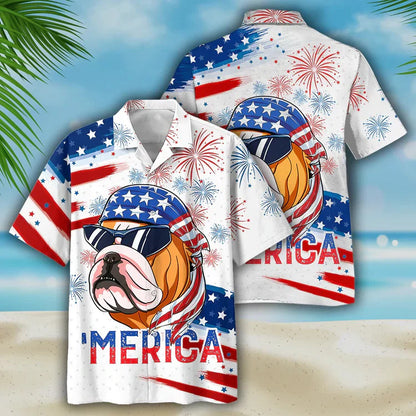 Bulldog Aloha Hawaiian Shirts For Summer, Funny Dog Merica Independence Day USA Flag Hawaiian Shirt For Men Women, 4th of July Gift For Dog Lovers - Amzanimalsgift