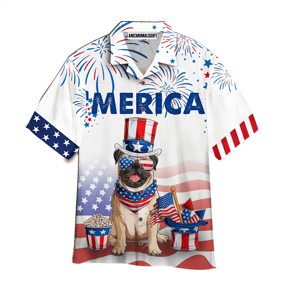 BullDog Hawaiian Shirt, Dog And American Flag 4th Of July Firework White Aloha Hawaiian Shirts For Men Women, Gift For Dog Lovers, Dog Mom Dad, Summer - Amzanimalsgift