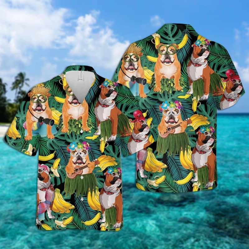 Bulldog Hawaiian Shirt, Tropical Summer Leaves Hawaiian Shirt For Men - Perfect Gift For Bulldog Lovers, Husband, Boyfriend, Friend, Family - Amzanimalsgift