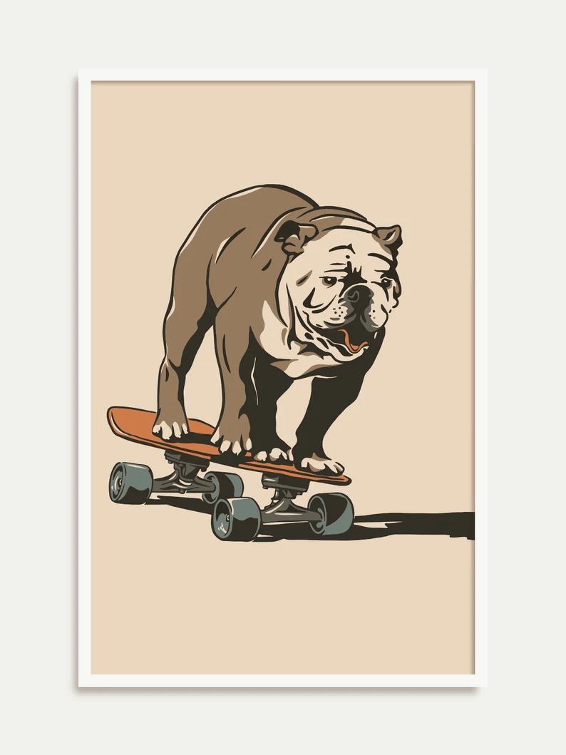 Bulldog Portrait Canvas - Bulldog On A Skateboard - Perfect Gift For Bulldog Lovers, Dog Lovers, Bulldog Owners - Amzanimalsgift