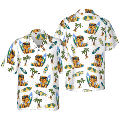 Bulldog Surf And Palm Tree Hawaiian Shirt, Bulldog Aloha Shirt For Men - Perfect Gift For Bulldog Lovers, Husband, Boyfriend, Friend, Family - Amzanimalsgift