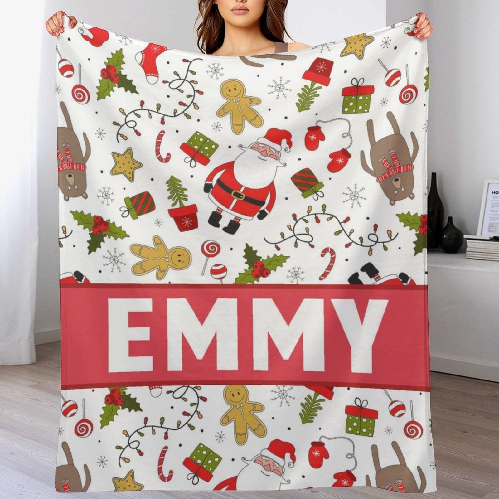 Christmas Cute Icon Baby Kids Blanket With Customized Name For Baby Shower, Baby Nursery, Son, Daughter, Granddaughter, Grandson