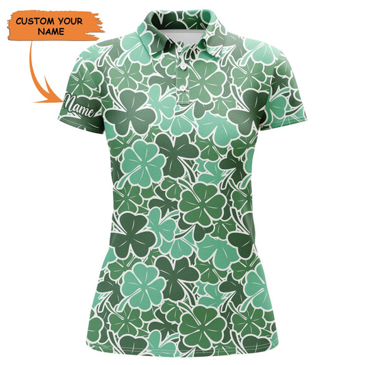 Golf Custom Name Women Polo Shirt, Clover Leaf Floral Pattern Personalized Women Polo Shirt - Perfect Gift For Ladies, Golf Lovers, Golfers