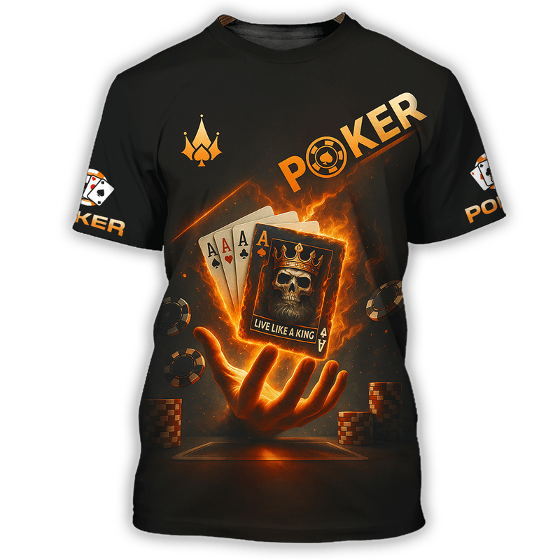Customized Poker Shirt, Fiery Four Aces with Skull King Card Shirts, Perfect Outfit For Poker Players