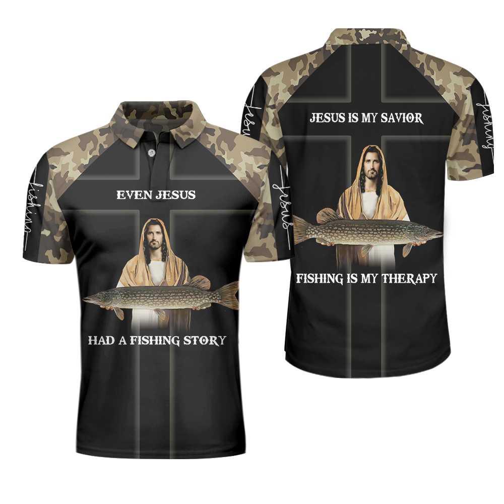 Camo Jesus Fishing Men Polo Shirt, Even Jesus Had A Fishing Story Camouflage Shirt For Men, Jesus Is My Savior Fishing Is My Therapy, Gift For Christian & Fishing Lovers - Amzanimalsgift