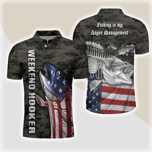 Camouflage American Flag Fishing Men Polo Shirt, Fishing Is My Anger Management Polo Shirt, Weekend Hooker Fishing Shirt For Men, Gift For Fishing Lovers - Amzanimalsgift