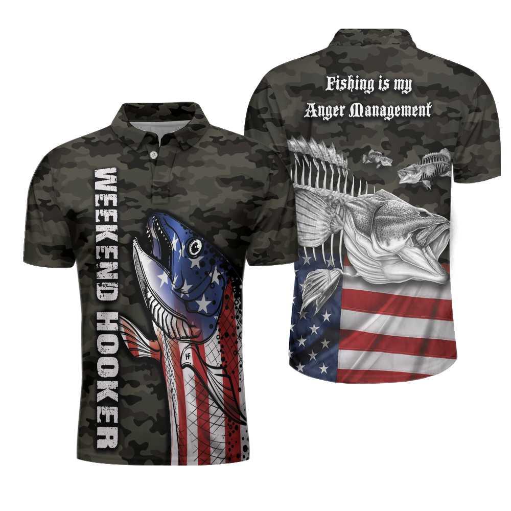 Camouflage American Flag Fishing Men Polo Shirt, Fishing Is My Anger Management Polo Shirt, Weekend Hooker Fishing Shirt For Men, Gift For Fishing Lovers - Amzanimalsgift