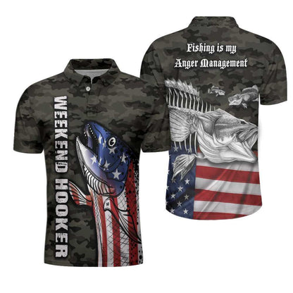 Camouflage American Flag Fishing Men Polo Shirt, Fishing Is My Anger Management Polo Shirt, Weekend Hooker Fishing Shirt For Men, Gift For Fishing Lovers - Amzanimalsgift