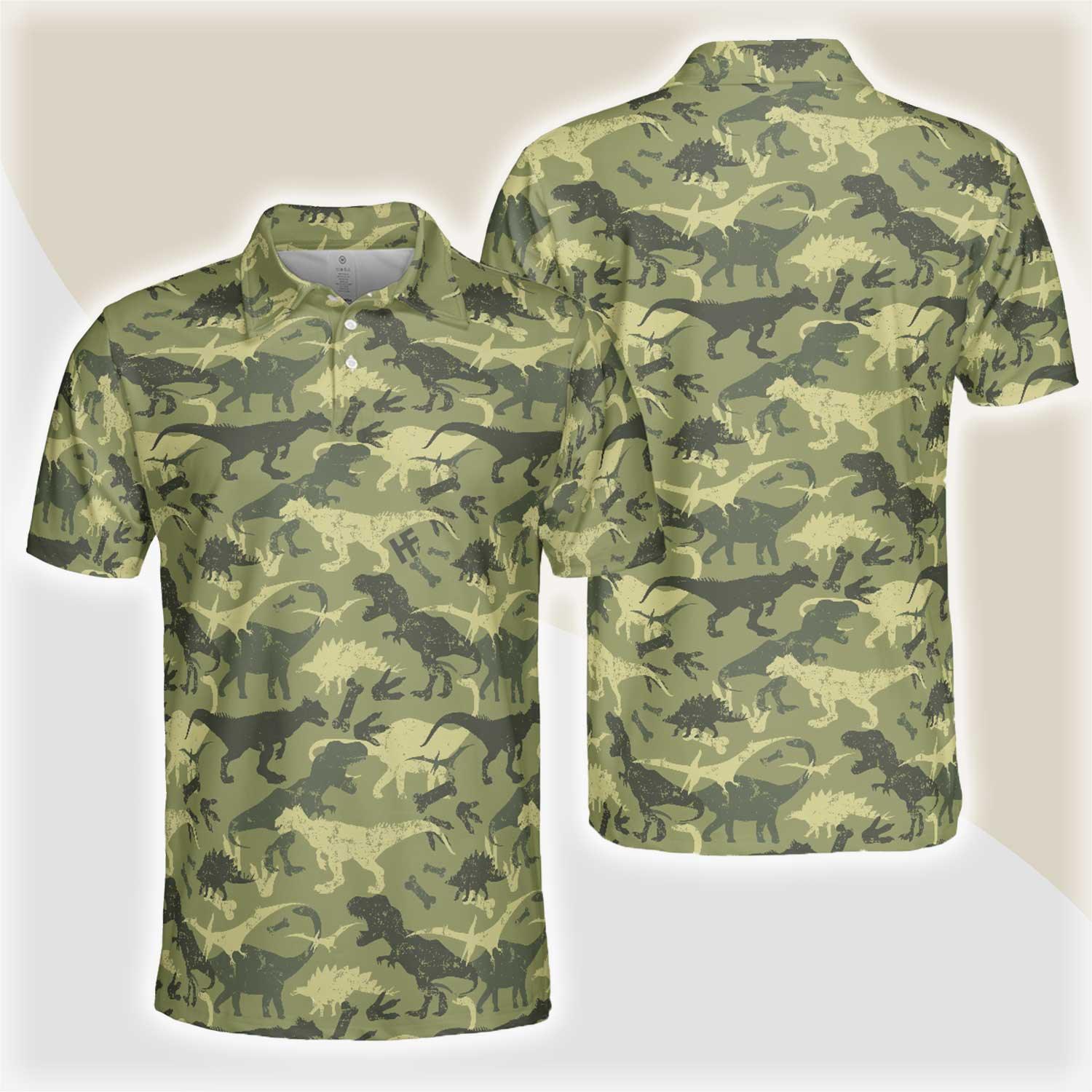 Camouflage Dinosaur Pattern Short Sleeve Polo Shirt, Camo Military Polo Shirt, Best Dinosaur Shirt For Men, Gift for Men - Amzanimalsgift