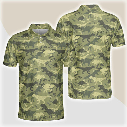 Camouflage Dinosaur Pattern Short Sleeve Polo Shirt, Camo Military Polo Shirt, Best Dinosaur Shirt For Men, Gift for Men - Amzanimalsgift