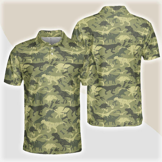 Camouflage Dinosaur Pattern Short Sleeve Polo Shirt, Camo Military Polo Shirt, Best Dinosaur Shirt For Men, Gift for Men - Amzanimalsgift