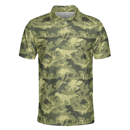 Camouflage Dinosaur Pattern Short Sleeve Polo Shirt, Camo Military Polo Shirt, Best Dinosaur Shirt For Men, Gift for Men - Amzanimalsgift