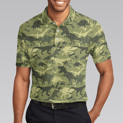 Camouflage Dinosaur Pattern Short Sleeve Polo Shirt, Camo Military Polo Shirt, Best Dinosaur Shirt For Men, Gift for Men - Amzanimalsgift