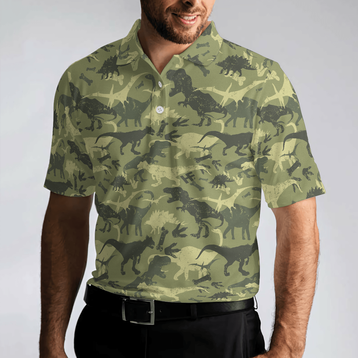 Camouflage Dinosaur Pattern Short Sleeve Polo Shirt, Camo Military Polo Shirt, Best Dinosaur Shirt For Men, Gift for Men - Amzanimalsgift