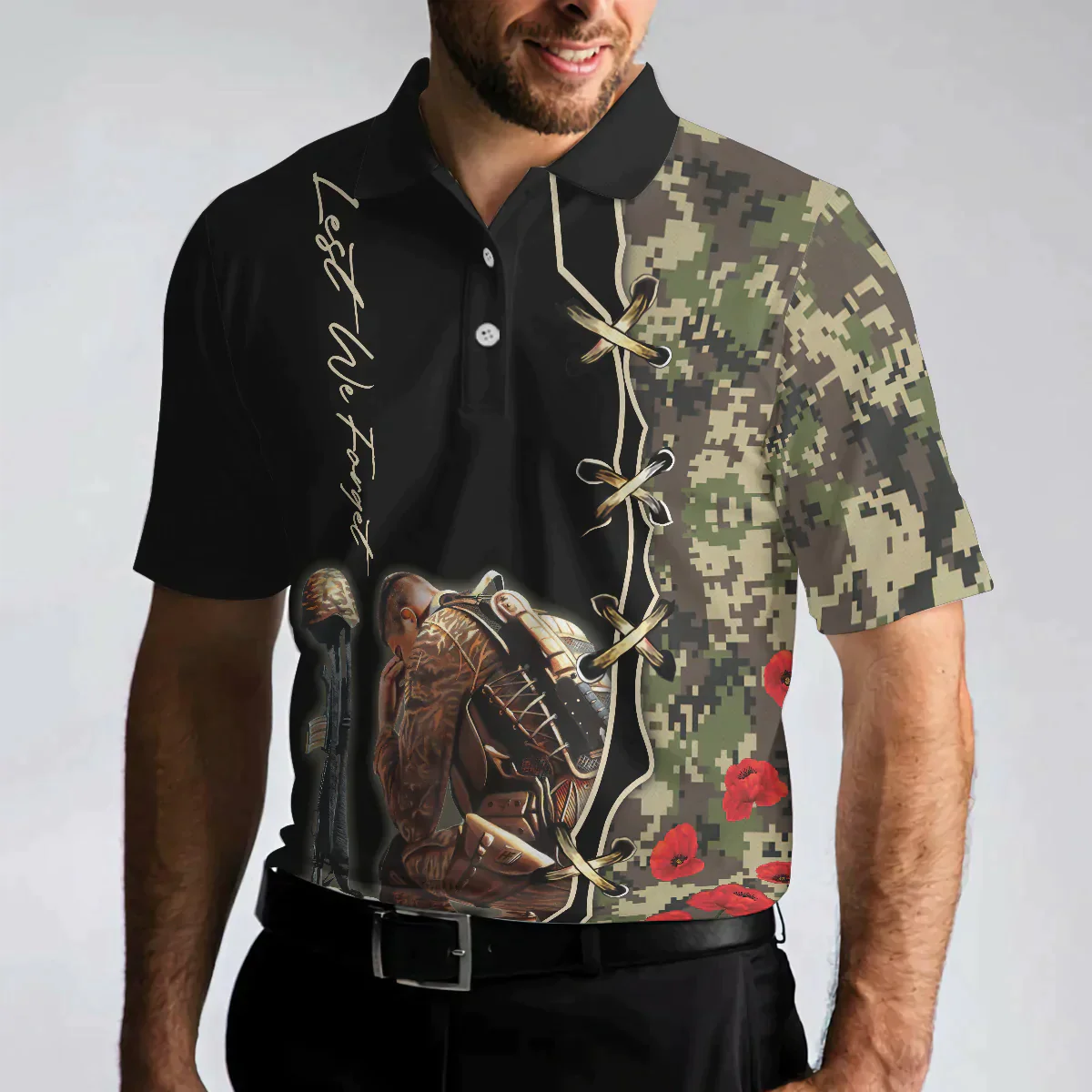 Camouflage Men Polo Shirt, Lest We Forget Polo Shirt, Thoughtful Gift For Veteran Day, Veteran Shirt For Proud War Veterans - Amzanimalsgift