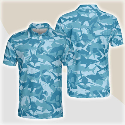 Camouflage Ocean Shark Pattern Short Sleeve Polo Shirt, Camo Aqua Polo Shirt, Best Shark Shirt For Men - Amzanimalsgift