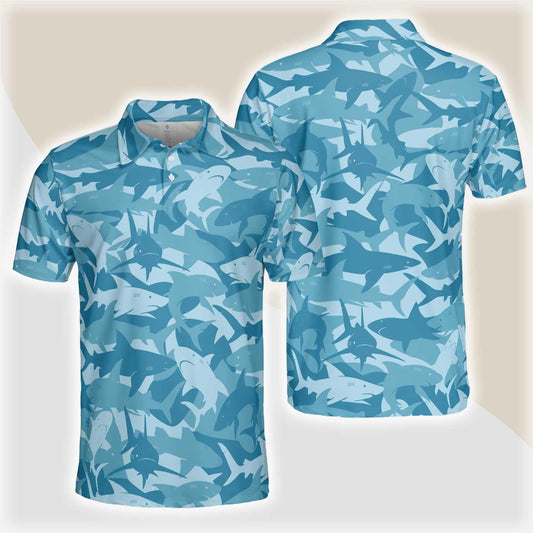 Camouflage Ocean Shark Pattern Short Sleeve Polo Shirt, Camo Aqua Polo Shirt, Best Shark Shirt For Men - Amzanimalsgift