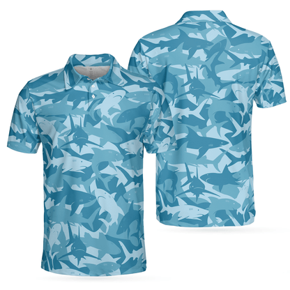 Camouflage Ocean Shark Pattern Short Sleeve Polo Shirt, Camo Aqua Polo Shirt, Best Shark Shirt For Men - Amzanimalsgift