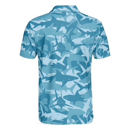 Camouflage Ocean Shark Pattern Short Sleeve Polo Shirt, Camo Aqua Polo Shirt, Best Shark Shirt For Men - Amzanimalsgift