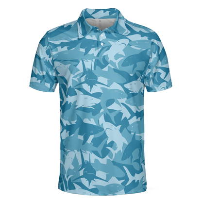 Camouflage Ocean Shark Pattern Short Sleeve Polo Shirt, Camo Aqua Polo Shirt, Best Shark Shirt For Men - Amzanimalsgift