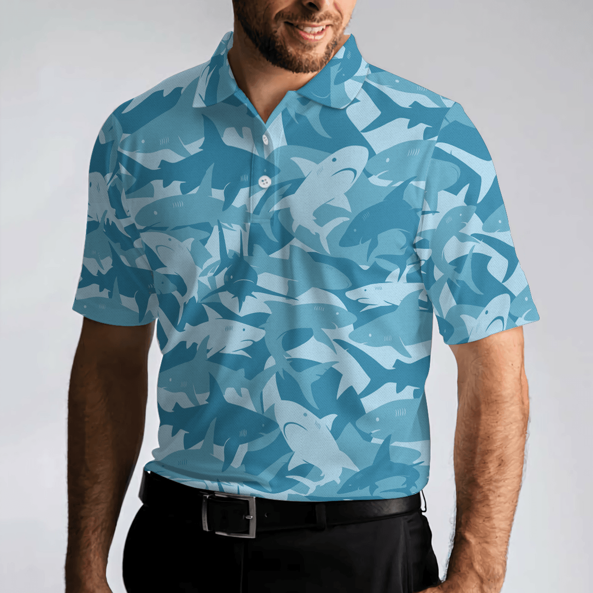 Camouflage Ocean Shark Pattern Short Sleeve Polo Shirt, Camo Aqua Polo Shirt, Best Shark Shirt For Men - Amzanimalsgift