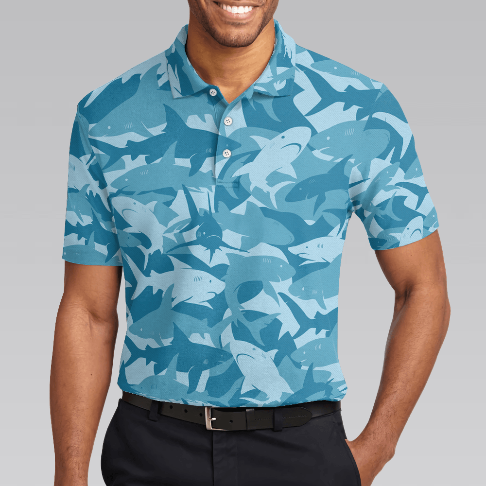 Camouflage Ocean Shark Pattern Short Sleeve Polo Shirt, Camo Aqua Polo Shirt, Best Shark Shirt For Men - Amzanimalsgift