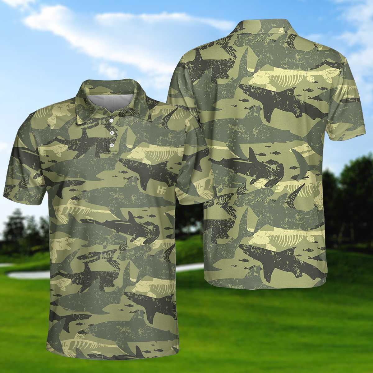 Camouflage Shark Pattern Short Sleeve Polo Shirt, Camo Military Polo Shirt, Best Shark Shirt For Men - Amzanimalsgift