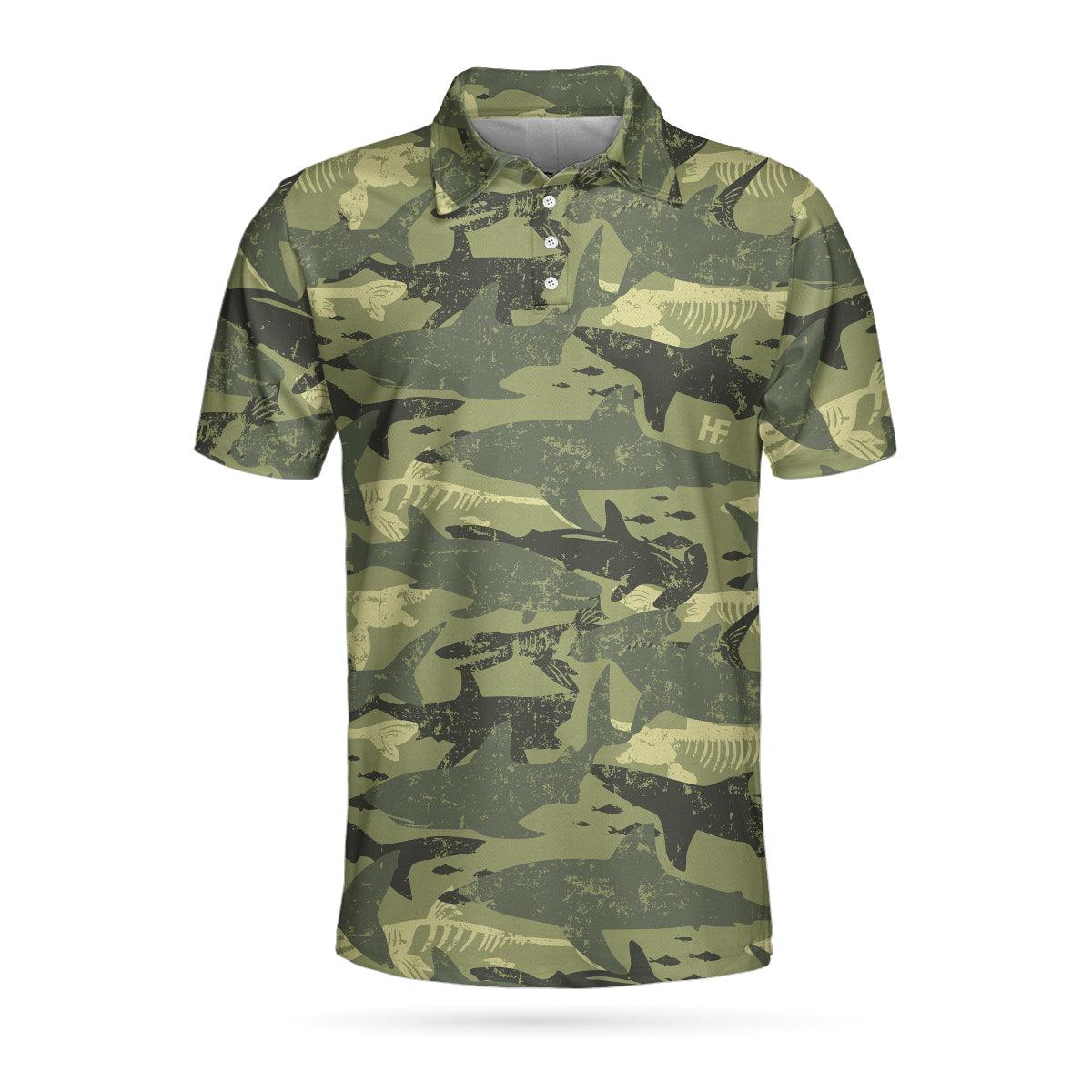 Camouflage Shark Pattern Short Sleeve Polo Shirt, Camo Military Polo Shirt, Best Shark Shirt For Men - Amzanimalsgift
