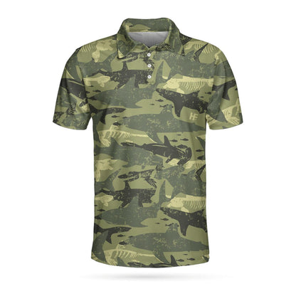 Camouflage Shark Pattern Short Sleeve Polo Shirt, Camo Military Polo Shirt, Best Shark Shirt For Men - Amzanimalsgift