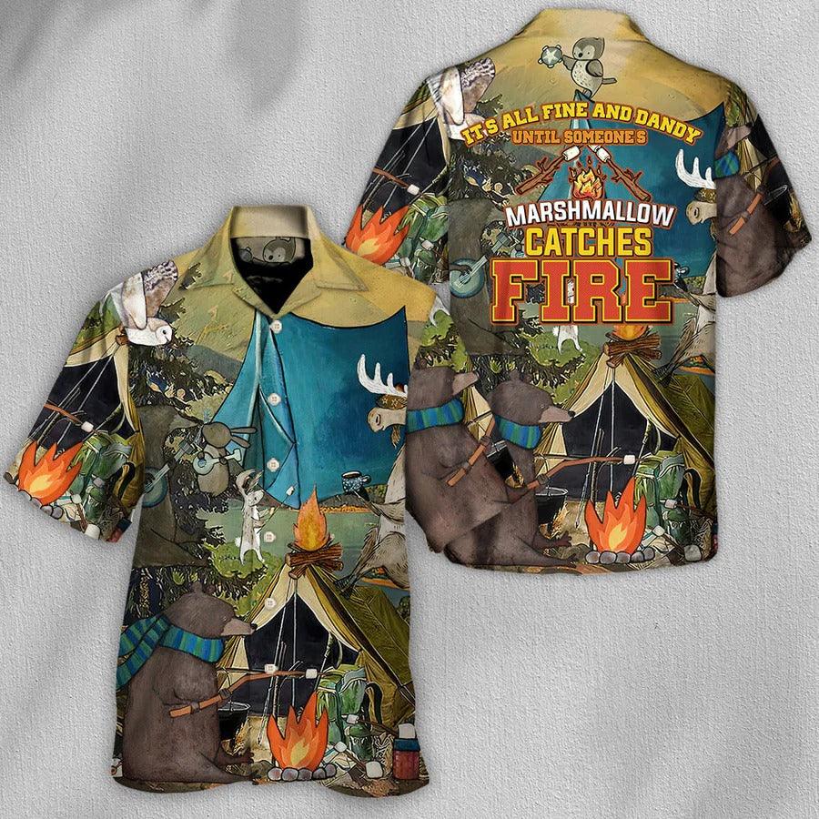 Camping Aloha Shirt, Camping Funny Art Hawaiian Shirt For Summer, Marshmallow Catches Fire Aloha Shirt - Perfect Gift For Men, Women, Camping Lover - Amzanimalsgift