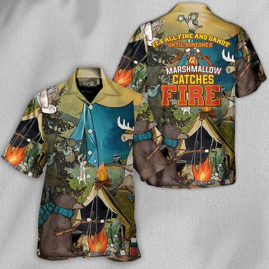 Camping Aloha Shirt, Camping Funny Art Hawaiian Shirt For Summer, Marshmallow Catches Fire Aloha Shirt - Perfect Gift For Men, Women, Camping Lover - Amzanimalsgift