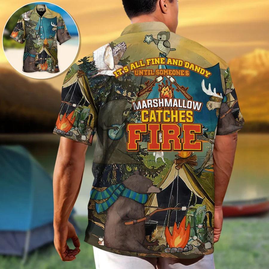 Camping Aloha Shirt, Camping Funny Art Hawaiian Shirt For Summer, Marshmallow Catches Fire Aloha Shirt - Perfect Gift For Men, Women, Camping Lover - Amzanimalsgift