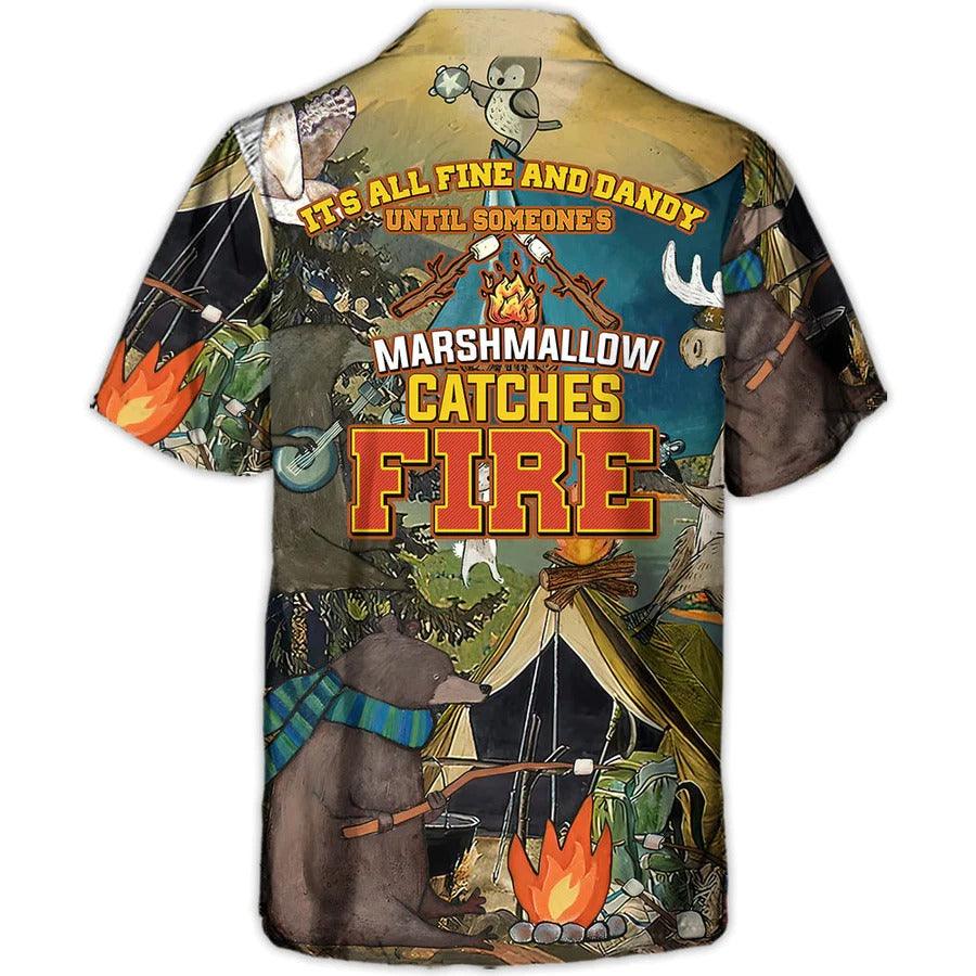 Camping Aloha Shirt, Camping Funny Art Hawaiian Shirt For Summer, Marshmallow Catches Fire Aloha Shirt - Perfect Gift For Men, Women, Camping Lover - Amzanimalsgift