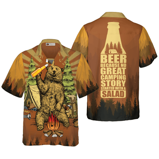 Camping Hawaiian Shirt, Bear Drink Beer Because No Great Campers Story With A Salad, Colorful Summer Aloha Shirt For Men Women, Perfect Gift For Friend - Amzanimalsgift